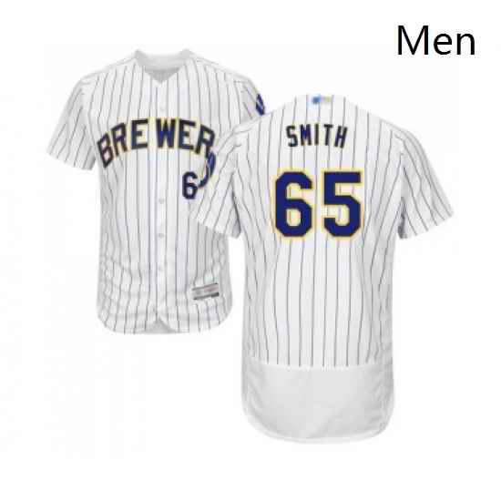 Mens Milwaukee Brewers 65 Burch Smith White Home Flex Base Authentic Collection Baseball Jersey